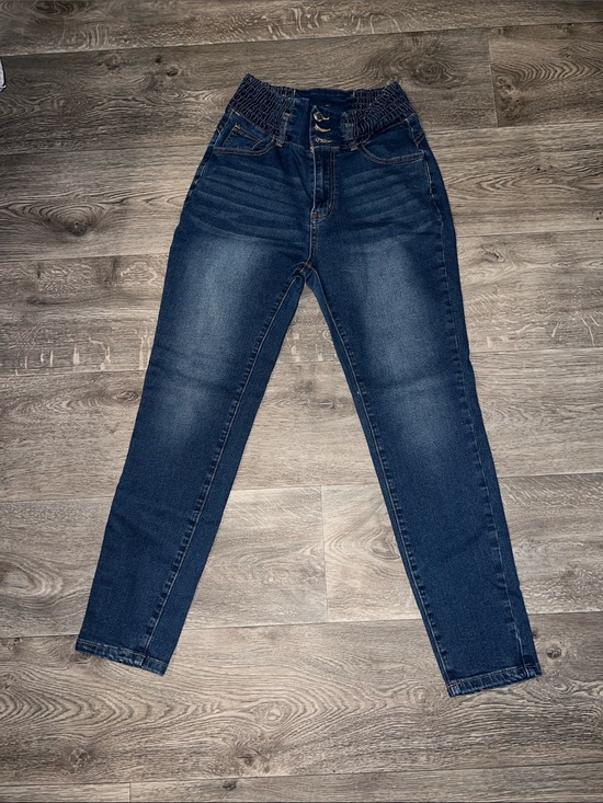 SHEIN Denim - SHEIN High Rise Dark Blue Smocked Waist Skinny Jeans